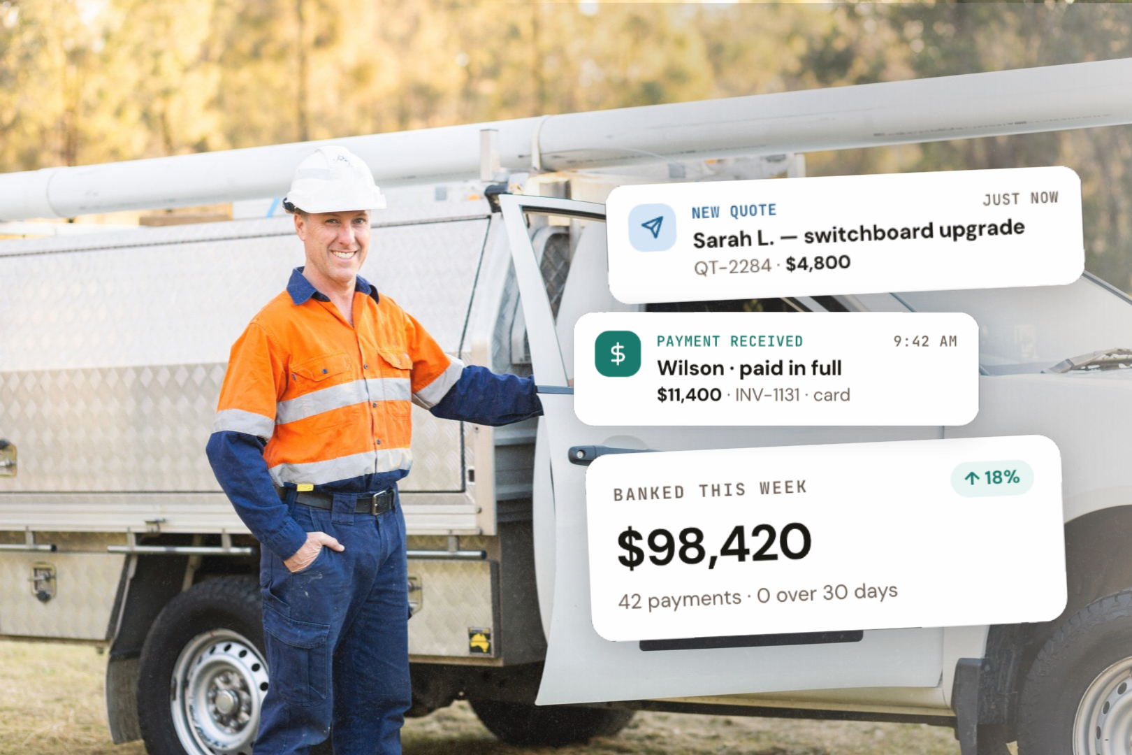Aussie tradie beside his ute, with new quote and weekly revenue notifications