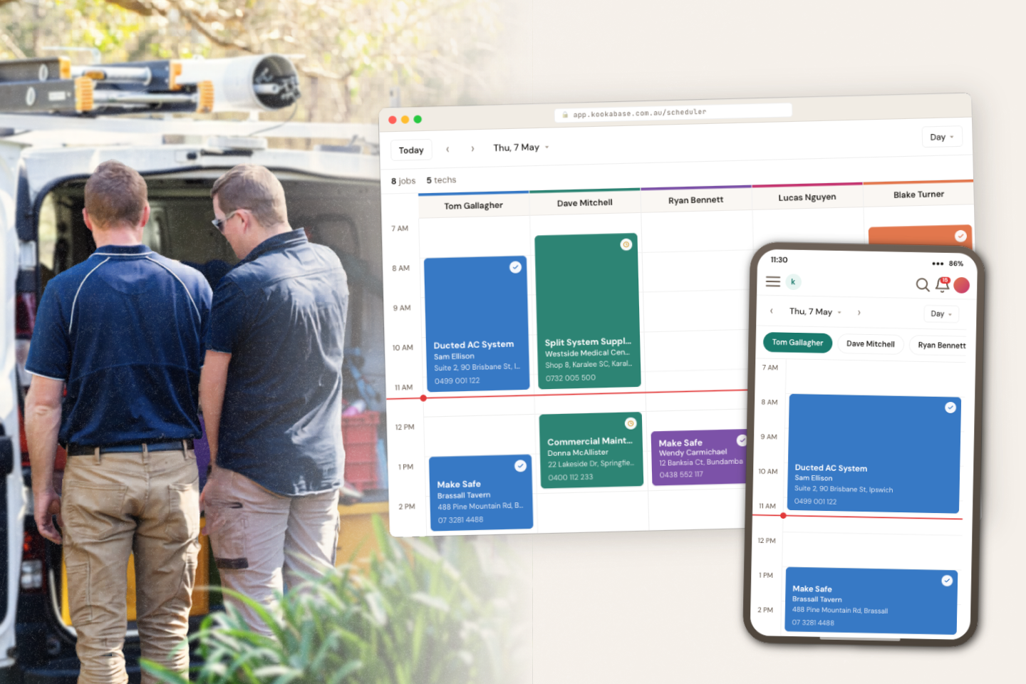 Kookabase scheduler showing every tech's day at a glance, on desktop and mobile
